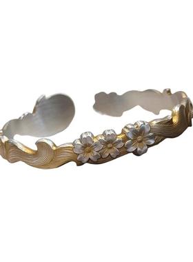 足银999狐狸花朵手镯女高级实心镯子手环文艺复古民族风饰品礼物