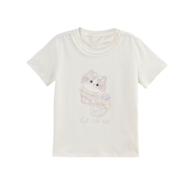 森女部落甜美风猫咪印花白色短袖T恤女2026新款设计感宽松上衣夏