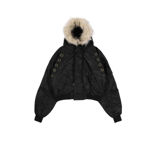 minju同款连帽毛领黑色派克服女冬2025新款减龄宽松短款夹克外套