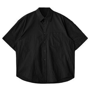 Nick Tian黑色水洗棉褶皱透气短袖衬衫男夏季美式半袖衬衣外套