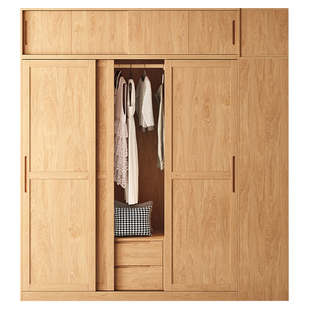 定制三门实木推拉门衣柜家用卧室收纳储物柜移门衣橱橡木滑门柜子