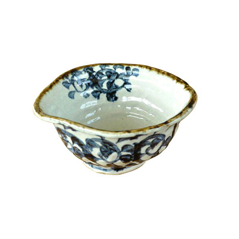 日本原装进口美浓烧日式家用双耳手工复古土陶粗陶碗唐草面甜品碗