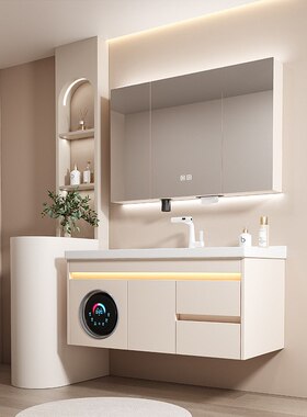 GZZ浴室柜 08X奶油风卫生间洗衣机一体陶瓷盆智能化妆镜柜组合