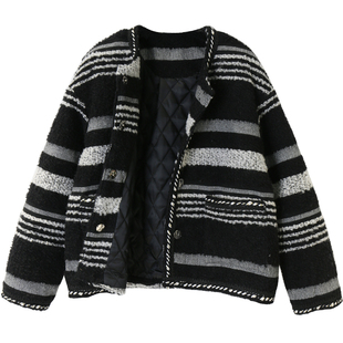 小小宸 夹棉羊毛版!小香加厚宽松短款毛呢外套女冬季粗花呢夹克