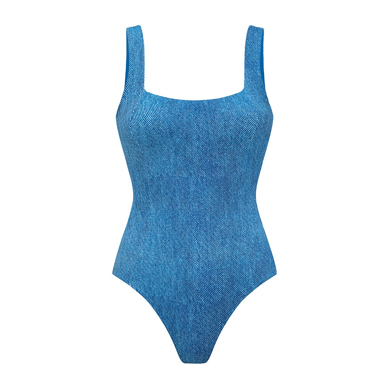 Yukari swim旗舰店连体泳衣女牛仔蓝性感美背遮肚显瘦度假泳装 夏