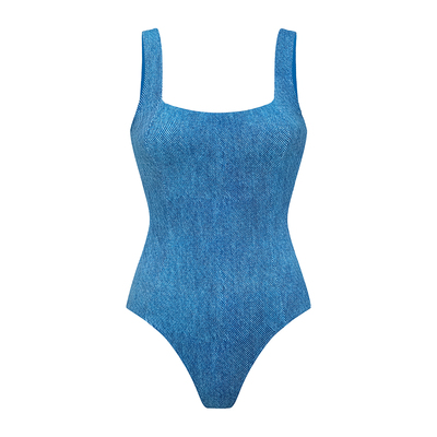 Yukari swim旗舰店连体泳衣女牛仔蓝性感美背遮肚显瘦度假泳装 夏