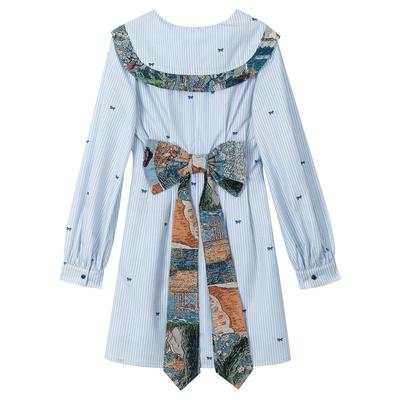 KEIKO 学院风条纹娃娃领连衣裙秋季少女风提花蝴蝶结饰收腰衬衫裙