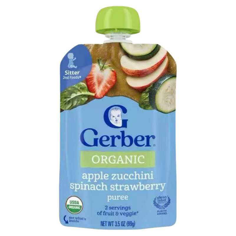 Gerber嘉宝有机苹果节瓜菠菜草莓果蓉99g6月+USDA有机认证2段辅食