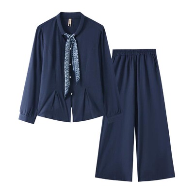 妈妈装春秋套装中老年女新款洋气端庄大气蝴蝶结上衣阔腿裤两件套