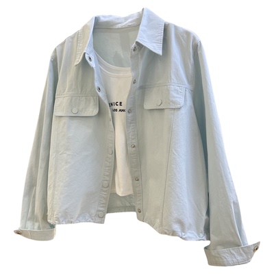 依美酷翻领假双口袋短款外套女两件套抽绳收腰衬衫百搭洗水棉上衣