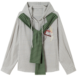 OV原创美式复古格纹连帽衬衫女春季假两件披肩设计感长袖衬衣男潮