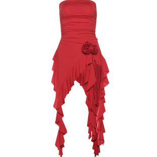 WEIRD PUSS 纯欲辣妹设计感荷叶边拼接不规则显瘦抹胸背心短上衣