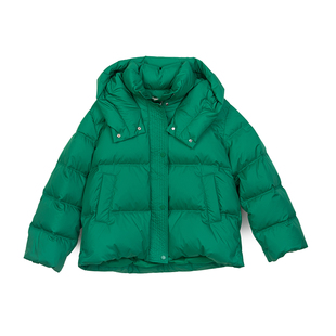诗梦女装秋冬绿色短款羽绒服立领连帽休闲宽松廓形面包服90白鸭绒