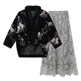 新中式丝绒冬季高端新款葫芦刺绣短款羽绒服外套+半裙套装2026