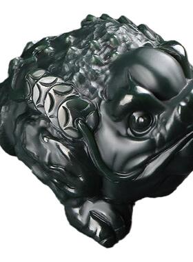 精雕新疆和田玉塔青玉金蟾手把件