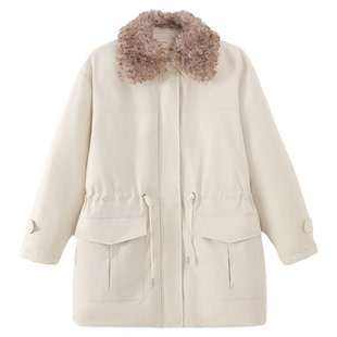 Jicouture 可拆卸毛领工装羽绒服外套女巴恩风中长款收腰抽绳上衣