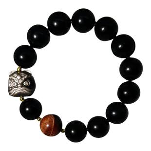 国风醒狮天然黑曜石银曜石手串男女醒狮手链护平安礼盒装官方正品