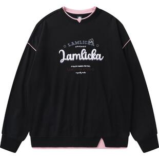 LAMLICKA假两件刺绣字母套头卫衣男ins潮嘻哈街头宽松圆领上衣女