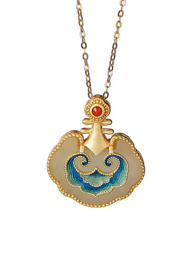 山予棠S925纯银镀金景泰蓝和田玉吊坠复古国潮琵琶女士锁骨链挂坠