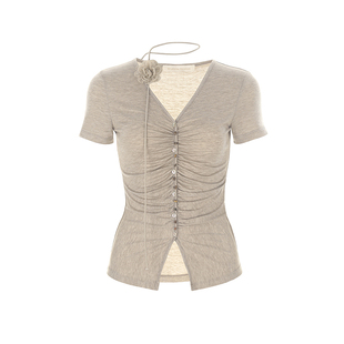 wana try天丝羊毛修身显瘦短袖T恤2025夏季新品抽褶气质休闲上衣