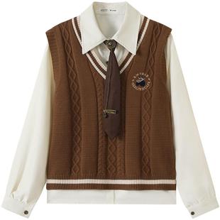 慕兔学院风套装女2026春季新款复古针织马甲背心灯芯绒衬衫两件套