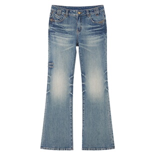 出逃赤岗西 复古蓝水洗低腰微喇牛仔裤女春秋设计感喇叭马蹄裤子