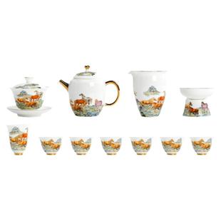 恒越羊脂玉白瓷功夫茶具套装家用轻奢客厅高档马到成功盖碗茶壶