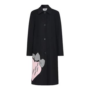 MSGM秋冬新款女士黑色草莓图案羊毛大衣毛呢外套大码女装显瘦遮肉