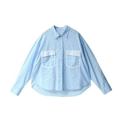 宽松拼色双兜浅蓝色条纹长袖衬衫