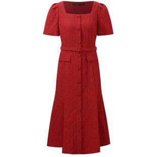 直降3折|歌莉娅红色连衣裙女夏季短袖方领提花绝美裙子