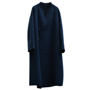 知笔墨2025冬季羊毛藏青色重磅双面呢外套中长款毛呢外套