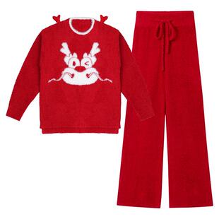 从轻24新款红龙龙半边绒家居服女新年睡衣秋冬本命年红色睡衣
