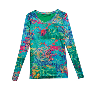 2026春装新款防晒扎染T恤女长袖洋气小衫修身打底衫绿色网纱上衣