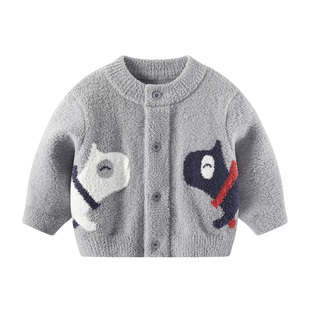 婴儿毛衣秋冬男童雪尼尔针织衫上衣加厚冬季男宝宝半边绒毛线外套