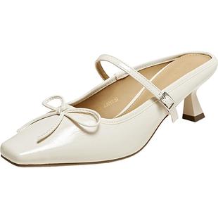 百思图2025夏季新款时尚蝴蝶结穆勒拖方头细跟女拖鞋鞋B1995BH5