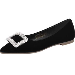 reemoor时尚气质水钻尖头浅口单鞋女平底温柔黑色绒面鞋睿慕