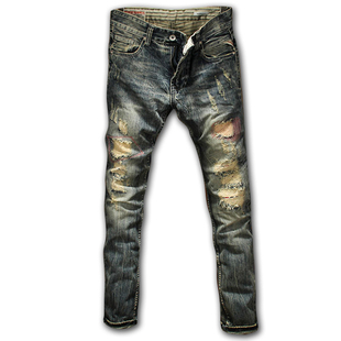 谢霆锋明星同款高端潮牌牛仔裤男士修身小脚破洞复古痞帅乞丐做旧