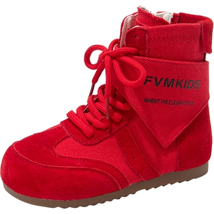 FVM女童鞋子儿童马丁短靴子2025新款秋冬季加绒德训红色拳击皮靴