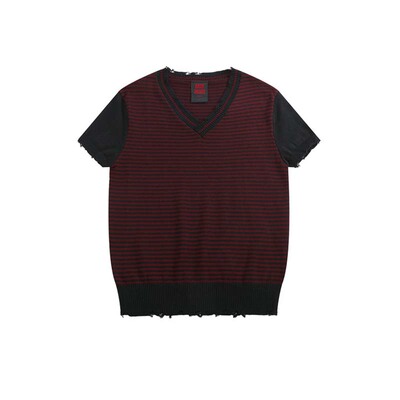 no E mosen*（noE)黑红条纹交叉领朋克破坏散边合身薄毛织短袖