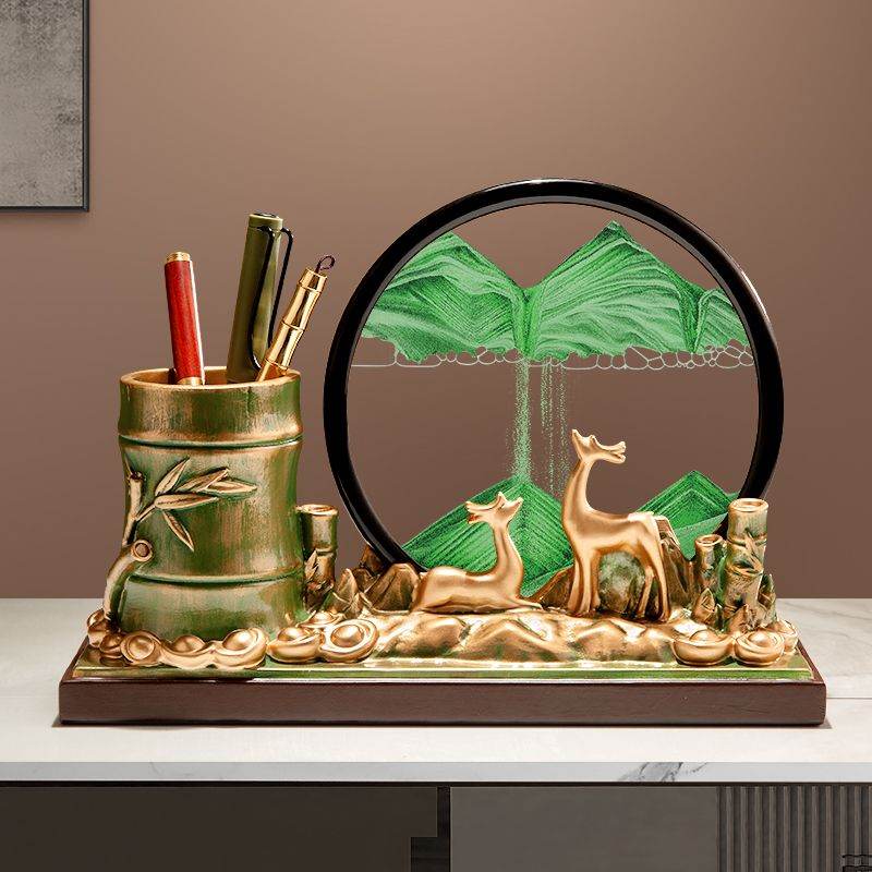 狮家招财鹿节节高升笔筒流沙画摆件办公室装饰品送老师教师节礼物