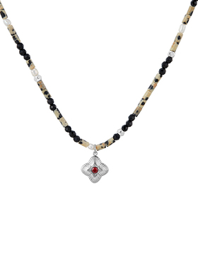 「圣诞礼物」十字花吊坠珍珠黑尖晶串珠细项链通勤轻奢复古锁骨链