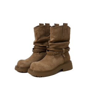 Chio2nd南风5.5cm增高短靴女2025新款秋季真皮机车麂皮靴棕色靴子