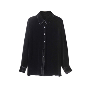 黑色真丝衬衫女桑蚕丝丝绒套装轻奢高级感通勤宽松长袖复古衬衣