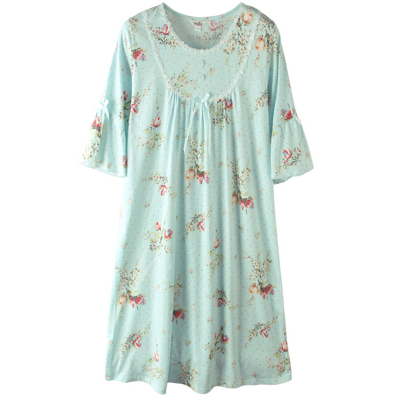 伊丝芬女针织纯棉睡裙印花中袖中裙睡衣柔软家居服夏季新品39834
