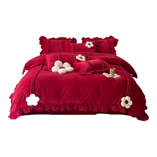 浪漫婚庆加厚牛奶绒四件套秋冬季喜庆花朵雕花珊瑚绒被套结婚床品