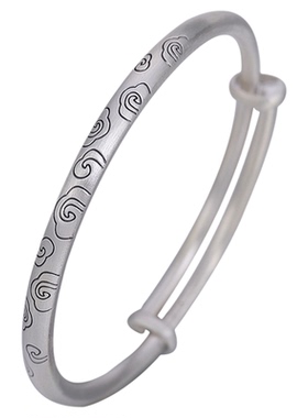 999银祥云实心女手镯推拉款复古哑光手环镯子简约纯银足银首饰品