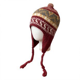 民族风提花混纺冬天毛线帽女生复古红色可爱多彩羊毛保暖护耳帽子