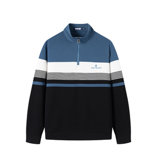 Navigare意大利小帆船秋季撞色条纹卫衣男士休闲半拉链针织衫