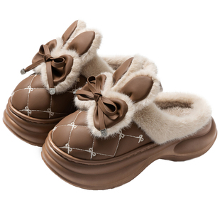 厚底高跟棉拖鞋女款家用时尚蝴蝶结PU皮拖鞋冬季加绒保暖外穿防水