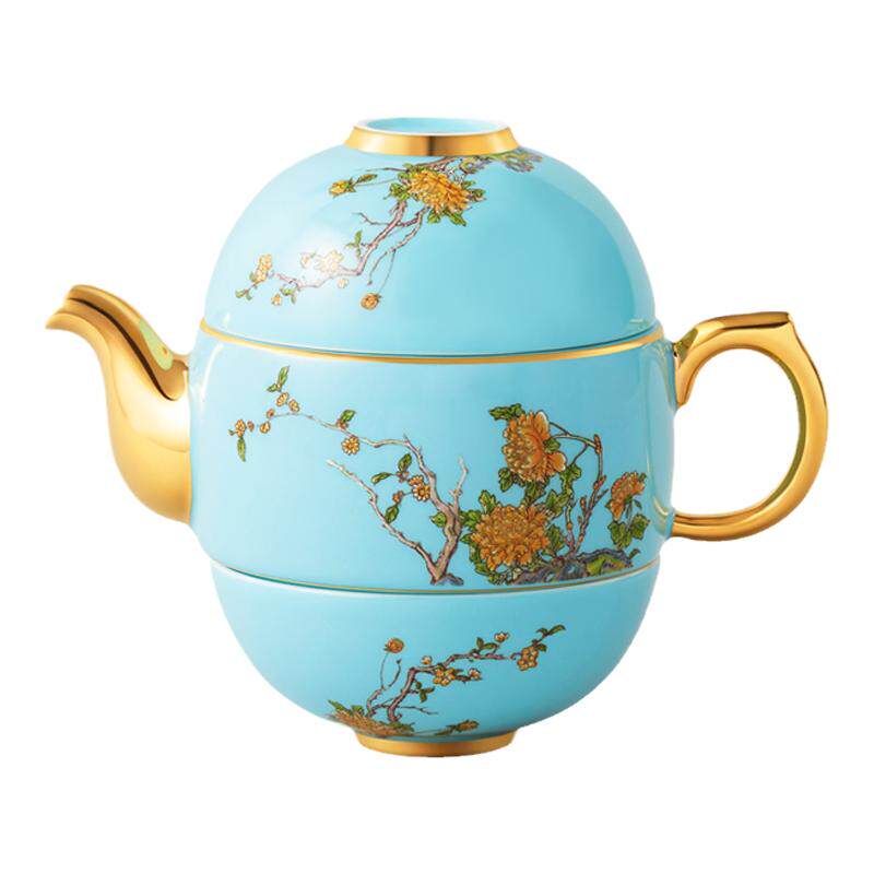 永丰源西湖蓝4头旅行茶具便携式茶壶功夫杯露营茶具快客杯礼盒装
